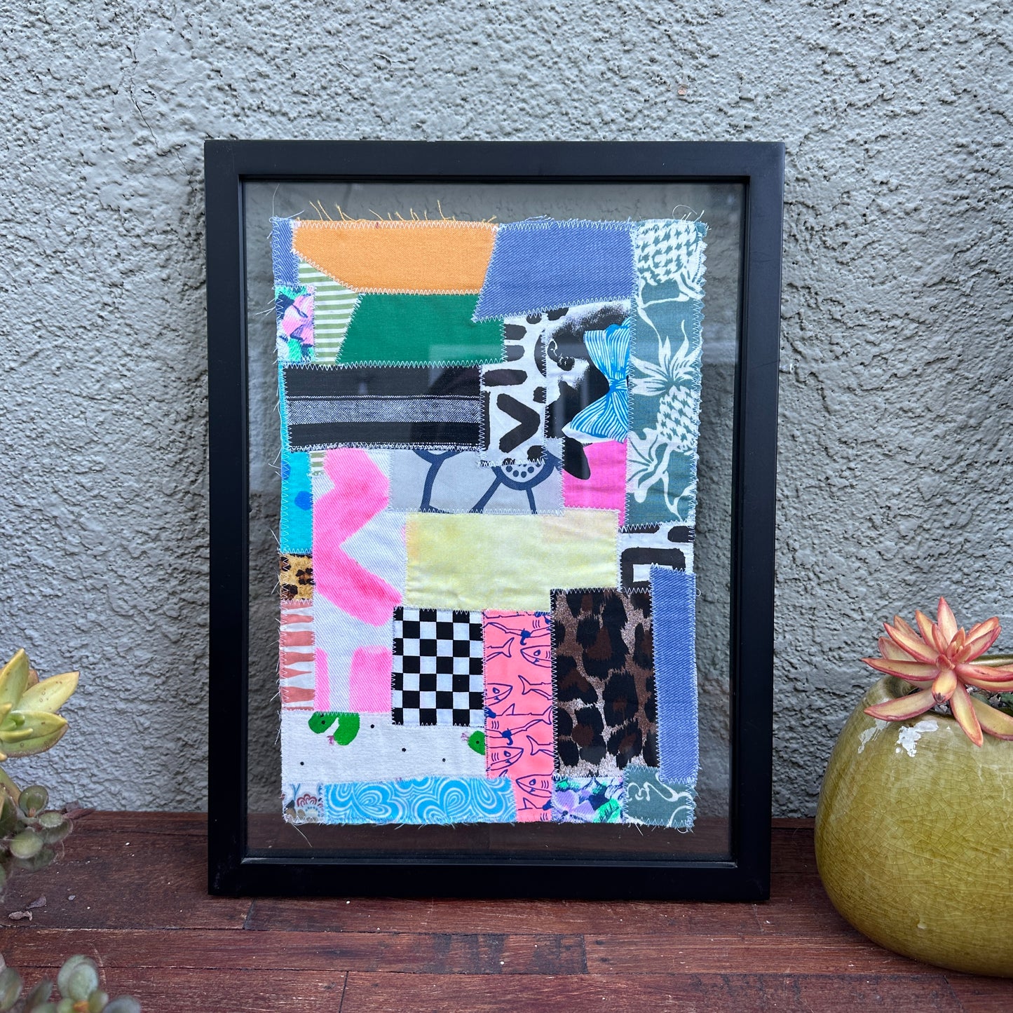 Scrap Mosaic, Pink Denim  11'x13” Framed